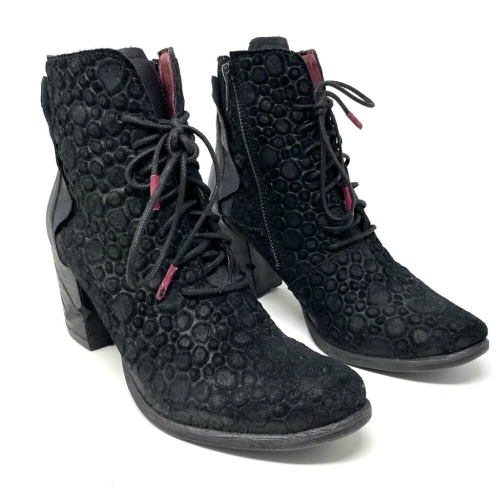 Papucei Black Dotted Burnished Suede and Leather Heeled Lace Up Booties Size 39